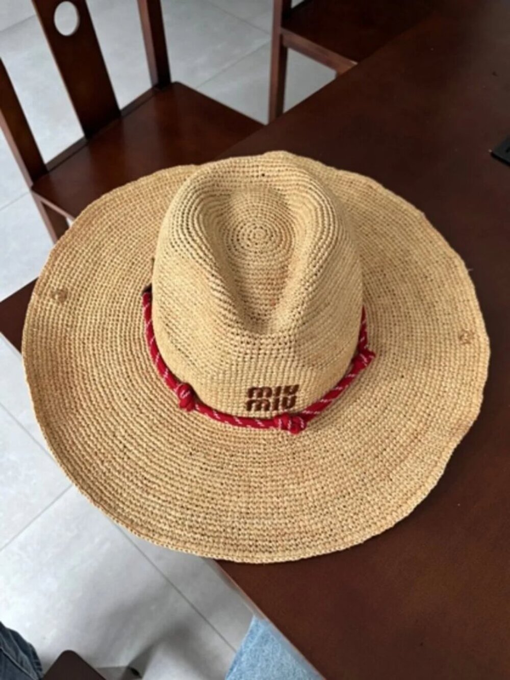 Miu Miu Raffia Straw Cowboy Sun Hat Woven Wide Brim Red Cord Logo - Picture 2 of 8